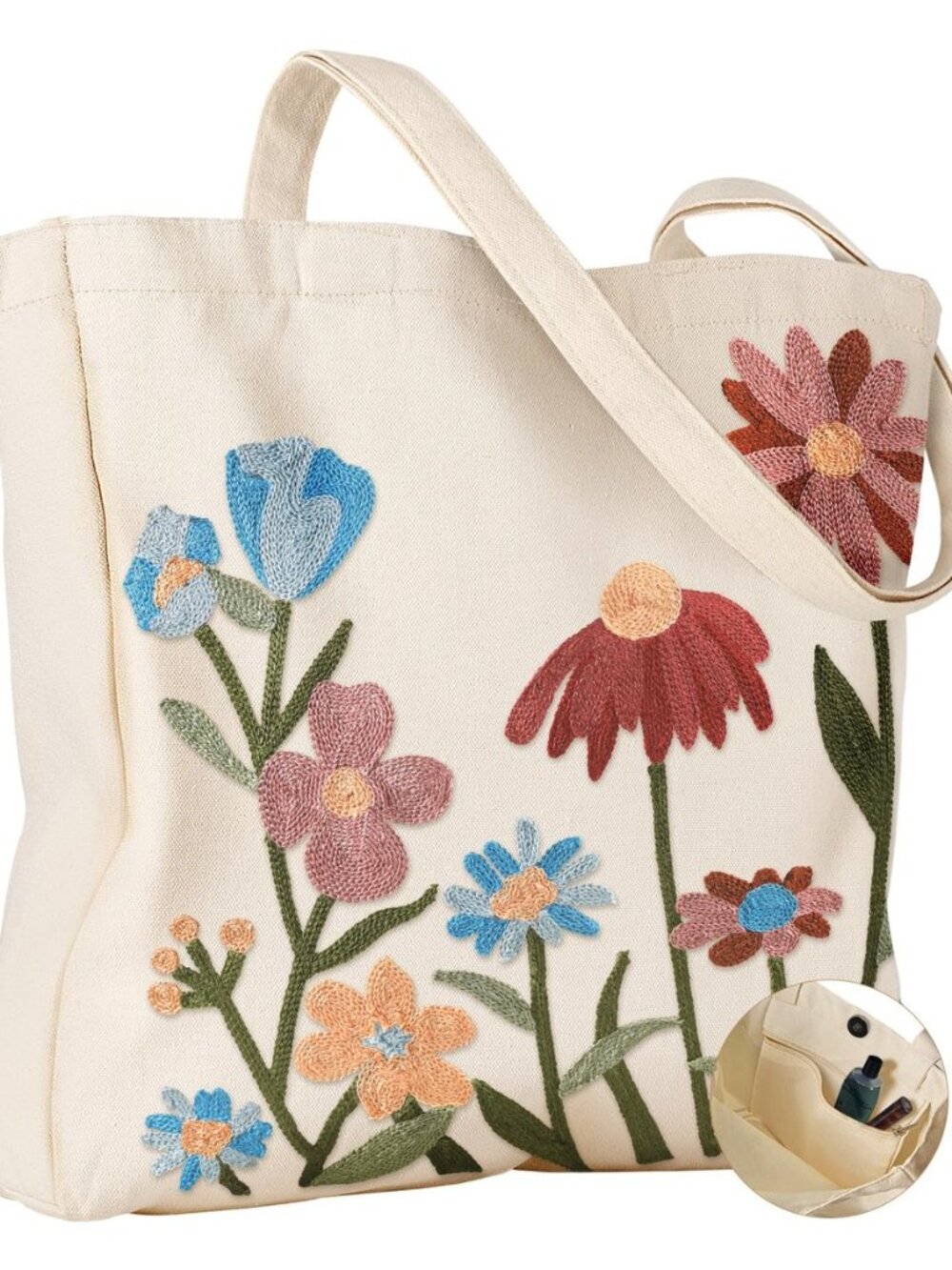 Embroidery Canvas Tote Bag with Pocket & Buckle